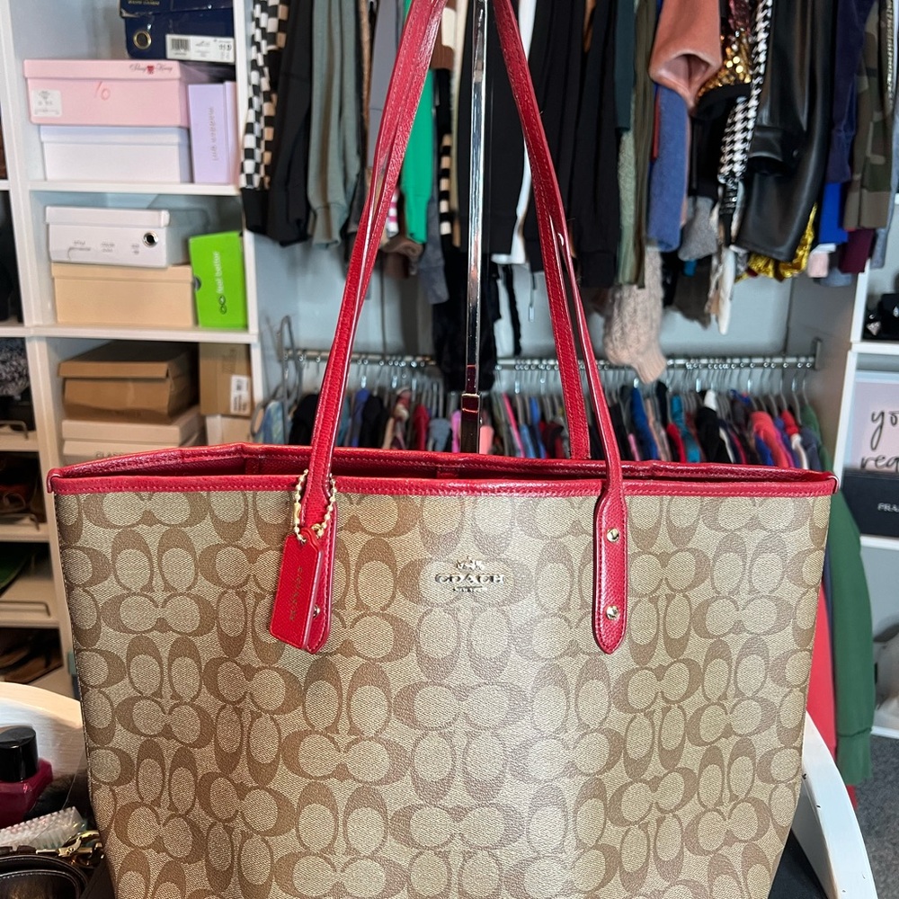 Coach Tan and Red Tote Bag with Signature Design